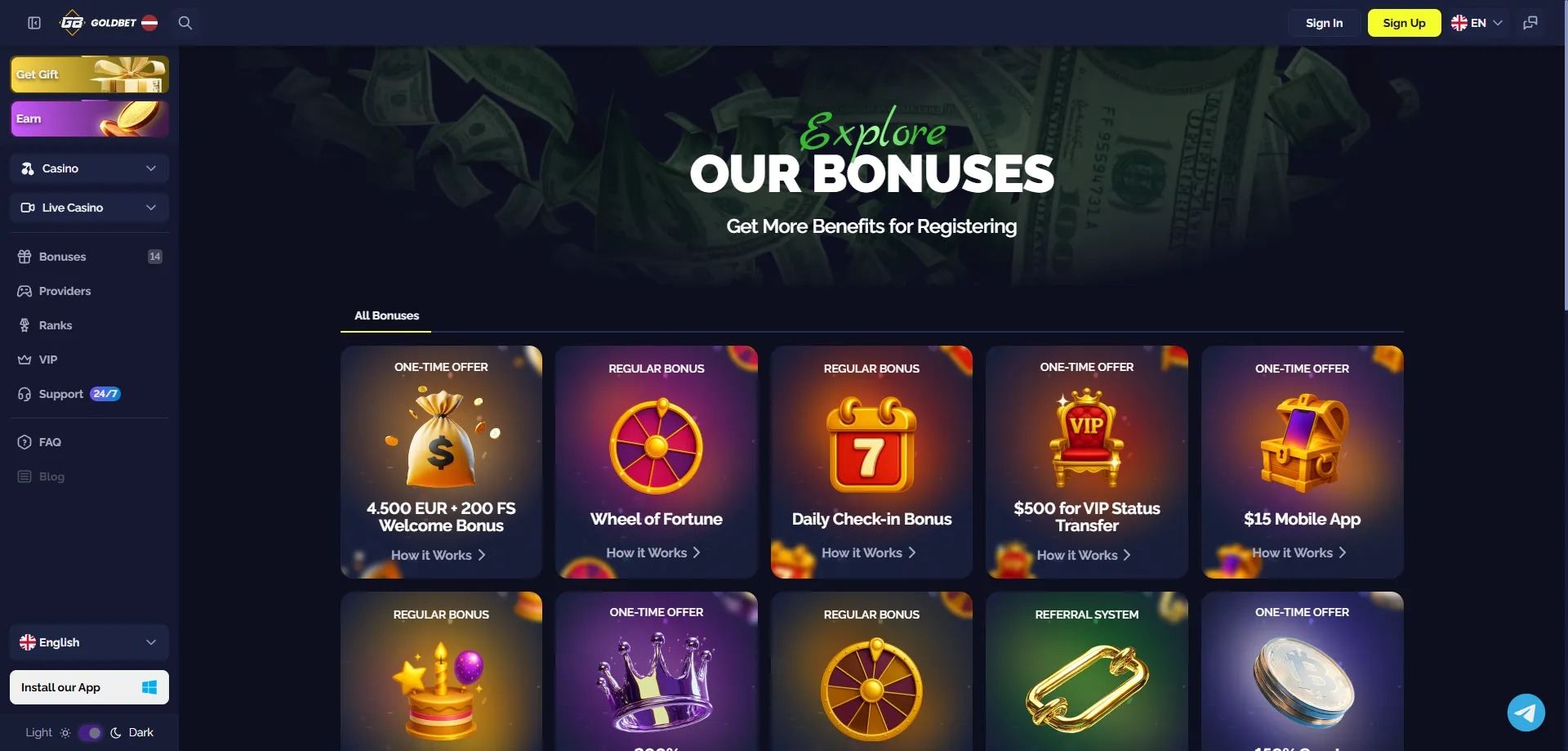 Goldbet Casino бонус оферти – до €4500 и 300 безплатни завъртания